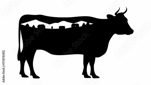 Modern silhouette of cow with rural landscape scene inside, perfect for branding farms and agriculture