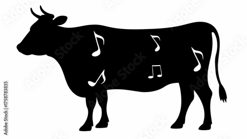 Black silhouette of a cow filled with musical notes, creating a fun and playful animal design