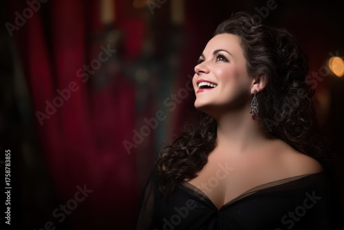Smiling woman with curly hair wearing elegant black top and dangling earrings, gazing upward against a softly blurred dark background, creating a warm and inviting atmosphere