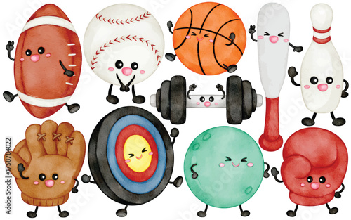 Cute sports equipment watercolor clip art with basketball baseball glove dumbbell bowling and target illustration with kawaii faces for kids activity or school sport theme
