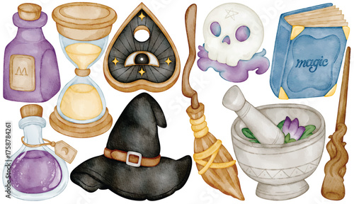 Witch magic tools watercolor clip art with hat broom wand potion skull spell book and hourglass illustration for fantasy design halloween or mystical witchcraft project