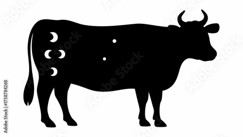 Elegant black silhouette of a cow with celestial symbols for modern farm or zodiac design