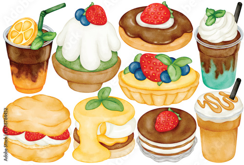 Dessert and drink watercolor clip art with cake tart cream puff chocolate frappe ice coffee and fruit sweets illustration for cafe menu design or bakery decoration project