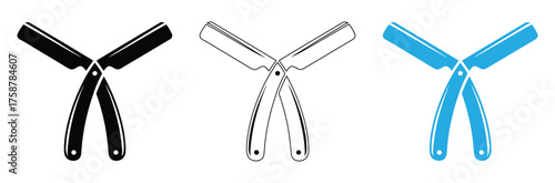 Classic straight razor barbershop icon set in black, outline, and blue for a vintage, clean shave experience or logo design for modern grooming businesses