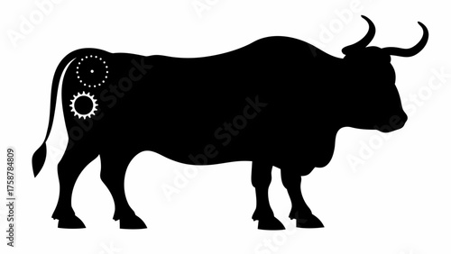 Modern bull silhouette with mechanical gear accents, a bold symbol of power and innovation, vector art