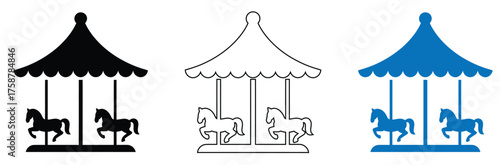 Carousel horses in black, outline, and blue for vibrant funfair designs and nostalgic childhood themes or playful creative projects, adding a touch of whimsy