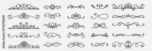 Vector set. Elegant line art dividers, ornamental dividers with floral motifs. Decorative dividers, perfect for invitations, elegant designs, and ornamental projects. Hand drawn ornament vector set.