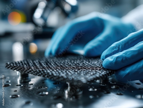 Gloved hands handle carbon fiber material in a laboratory setting. Stainless steel surface in the foreground. Blurred background with scientific equipment, suggesting research environment