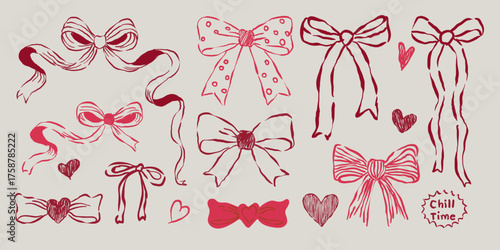 Hand drown cute coquette aesthetic set. Seamless pink ribbon bow doodle outline isolated white background.