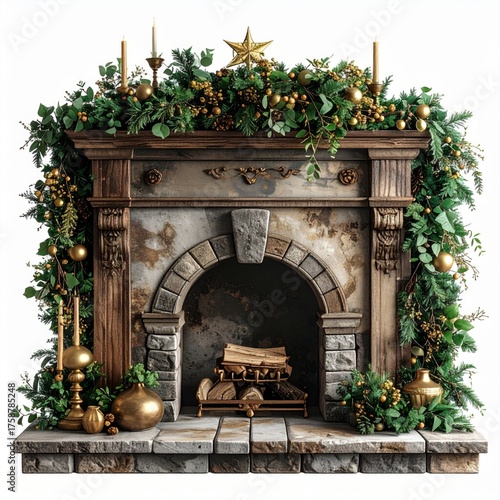 Rustic Fireplace Adorned with Festive Evergreen Garland and Golden Accents