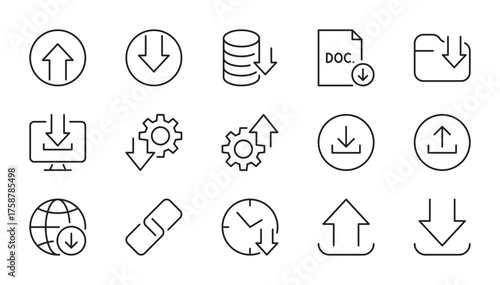 Loading & unloading line icon set. Download upload icons. Vector illustration. Editable stroke. Flat design. Isolated on a white background.