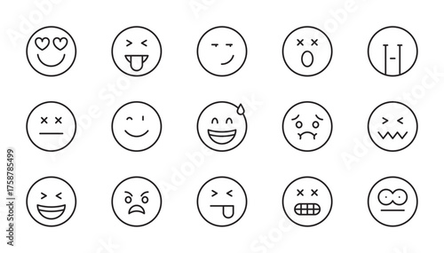 Emoji icon set. Smiley, coolness, laughter, joy, nauseous, happy, mistake, shock, love of money, loving, excited, wink, sleep, crying, angry, shame. Emotion sign. Vector illustration. Editable stroke.