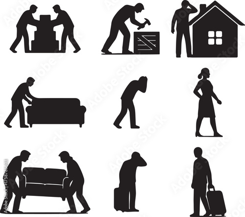 Diverse silhouette figures depicting moving home life scenarios including furniture lifting stress travel