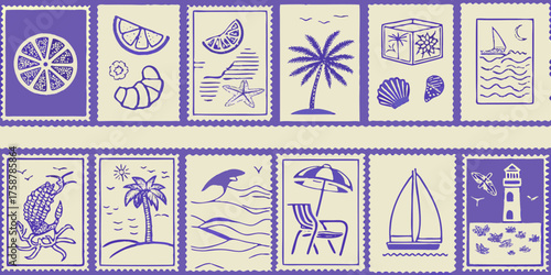Collection of hand drawn summer vacation themed postage stamps with beach and tropical elements