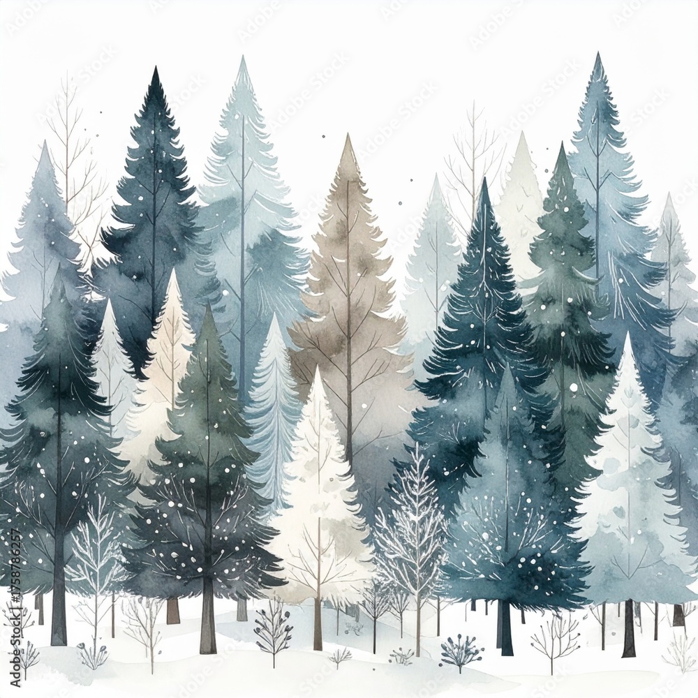 Obraz premium Watercolor Painting of Evergreen Forest in Winter with Snowy Ground