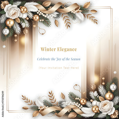 Elegant Winter Holiday Frame Template with Gold and White Floral Decorations