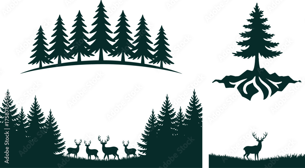 Fototapeta premium A detailed vector set featuring pine tree forests, deer silhouettes, and natural woodland landscapes. Ideal for outdoor, wildlife, and nature-themed designs, logo elements, and minimalist black vector