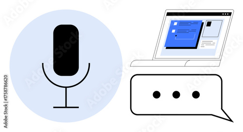 Microphone, chat bubble with ellipses, laptop screen displaying text. Ideal for audio transcription, podcasting, communication, digital tools, voice messaging, workflow enhancement simple flat