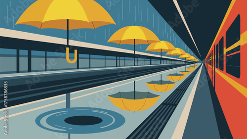 A train station platform with yellow umbrellas during rain next to a red train on a rainy day scene