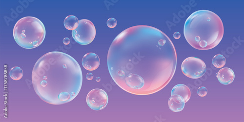 Floating bubbles on a gradient background. Bubbles in various sizes. Soft, translucent bubbles create a dreamy effect. Bubbles against a purple-blue gradient. Soap bubble element vector set.
