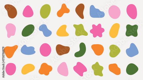 Colorful abstract shapes in pink, green, orange, and brown. Abstract shapes create a playful pattern. Shapes in abstract art evoke creativity and fun. Colorful shapes, vector element set.