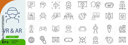 VR & AR Icon Set – 36 Line Style Symbols for Virtual Reality, Augmented Interaction, and Immersive Technology