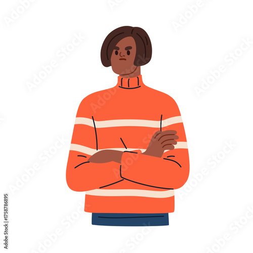 Angry black woman with annoyed irritated face expression. Displeased discontent female with arms crossed, disgust and dislike emotion, frustration, irritation and resentment. Flat vector illustration.