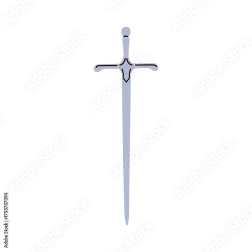 Sword weapon with long sharp metal blade. Ancient medieval historic armor. Steel saber for battle, defense, old military gear. Longsword. Flat vector illustration isolated on white background. 