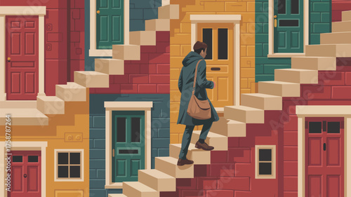 A person climbing stairs between colorful buildings with various doors and windows on the facades