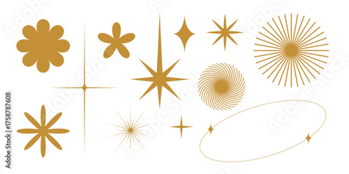 Gold starburst shapes, starburst patterns, and abstract designs. Starburst motifs, gold starburst accents, and starburst decorations in various styles. Aesthetic elements vector set.