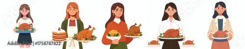 vector woman carrying thanksgiving turkey dish