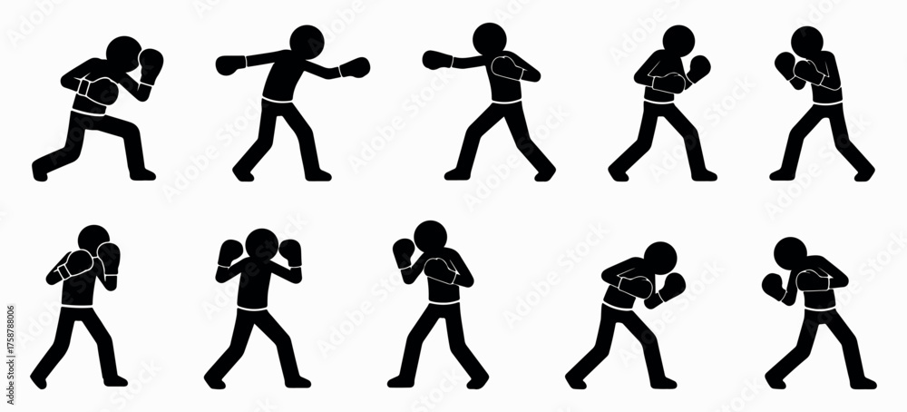 Fototapeta premium Set of black stickman boxers fighting in different stances, showing competition, strength, movement, and focus, minimal vector sports silhouettes representing boxing energy