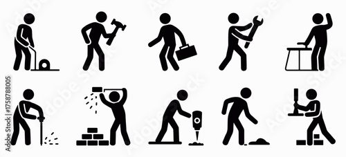 Black stickman workers performing various construction activities such as lifting materials, digging, building walls, and using tools, simple labor silhouette icons set