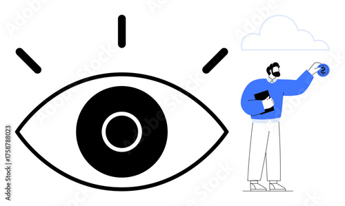 Large eye symbol radiating focus beside a businessperson holding a tablet and connecting to a cloud. Ideal for vision, innovation, technology, creativity, foresight, cloud computing, leadership. A