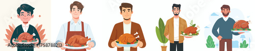vector man carrying thanksgiving turkey dish