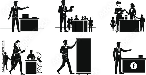 Business interaction, office activity, team meeting, presentation, desk work, tablet, collaboration, reception, silhouette, documents, communication, strategy