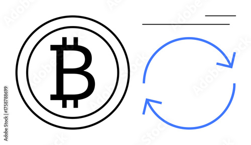 Bitcoin symbol enclosed in a circle next to blue circular arrows implying financial transfer or cyclic renewal. Ideal for cryptocurrency, blockchain, finance, digital wallet, fintech, economy, simple