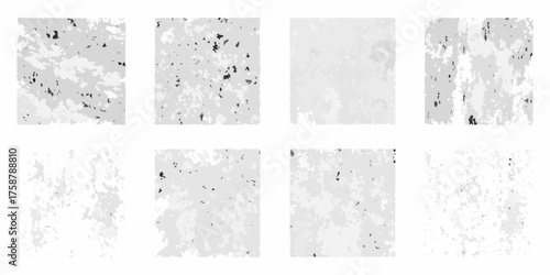 Collection of eight abstract textured backgrounds in various shades of gray and black speckles
