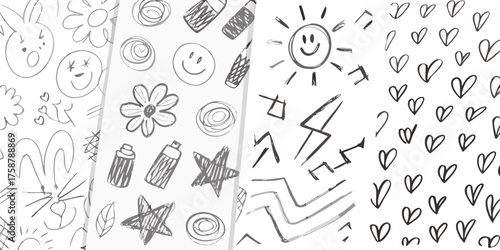 Collection of hand drawn doodle icons and patterns including hearts sun flowers stars and faces