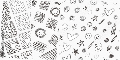 Hand drawn doodle pattern with hearts smiley faces flowers stars and scribbles on white background