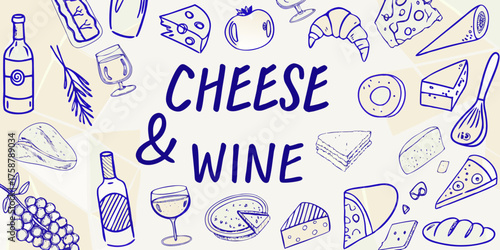 Hand drawn sketchy cheese and wine elements with text overlay on a light background