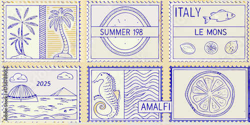 Collection of six hand drawn postage stamps featuring summer vacation themes and italian landmarks