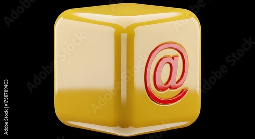 Glossy golden cube with red at symbol facing forward