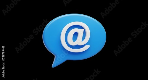 Blue speech bubble icon with an at symbol inside for digital communication and email concepts
