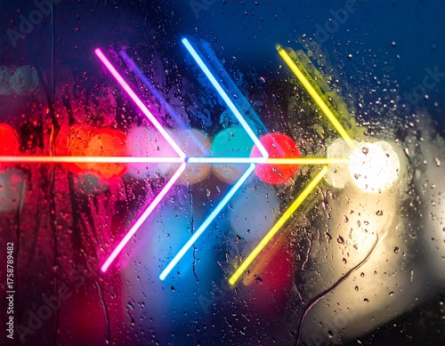 Neon arrow overlaid on rain-streaked glass, with bokeh city lights