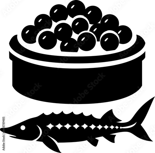 Simple and elegant logo for a caviar company: a box filled with stylized eggs, accompanied by a sturgeon, emblematic symbol of caviar, for a sleek and professional look.