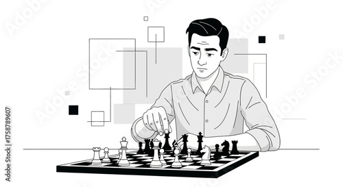 A Person Concentrating Deeply While Making His Chess Move On The Game Board