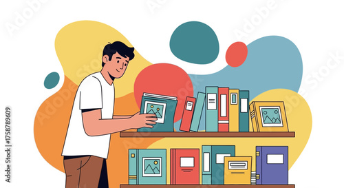A Person Choosing Book From The Bookshelf With Artistic And Colorful Background