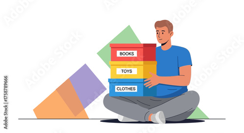 A Person Holding Assorted Boxes with Various Possessions in Sitting Position