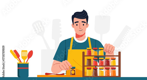 A Person Organizing Spices And Utensils In The Kitchen Preparing to Cook Food